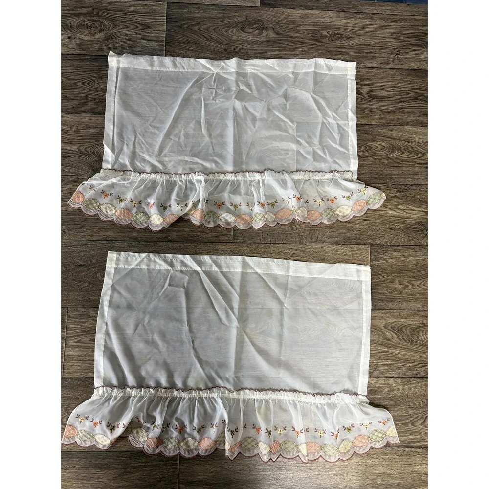 Embroidered Sheer Café Tier Curtains 17pc White Floral Scalloped‎ Country Set
